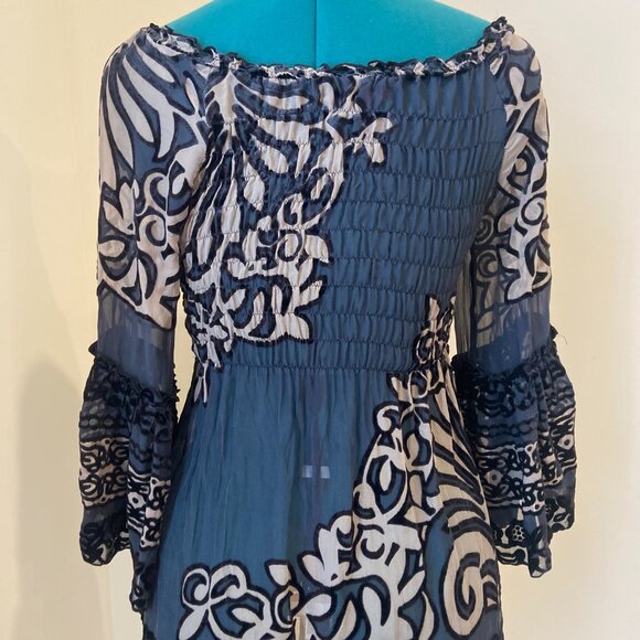 Hale Bob Black & Grey Sheer Flowy Peasant Top with Velvet Detailing - Picture 3 of 4